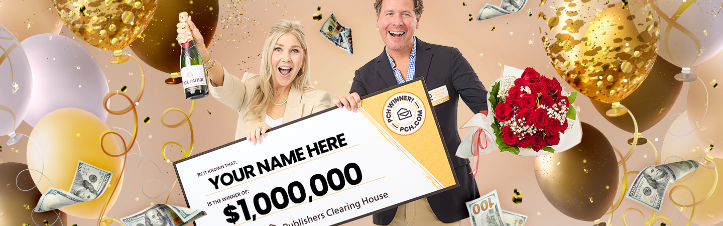 Two people holding a sign with '$1,000,000' and celebratory items like balloons and money.