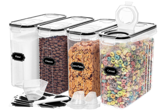 4-Piece Set: Airtight Cereal Storage Containers with Pour Spouts & Measuring Cup