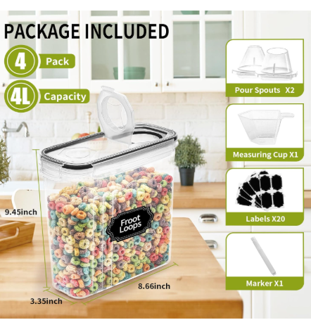 4-Piece Set: Airtight Cereal Storage Containers with Pour Spouts & Measuring Cup
