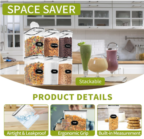 4-Piece Set: Airtight Cereal Storage Containers with Pour Spouts & Measuring Cup