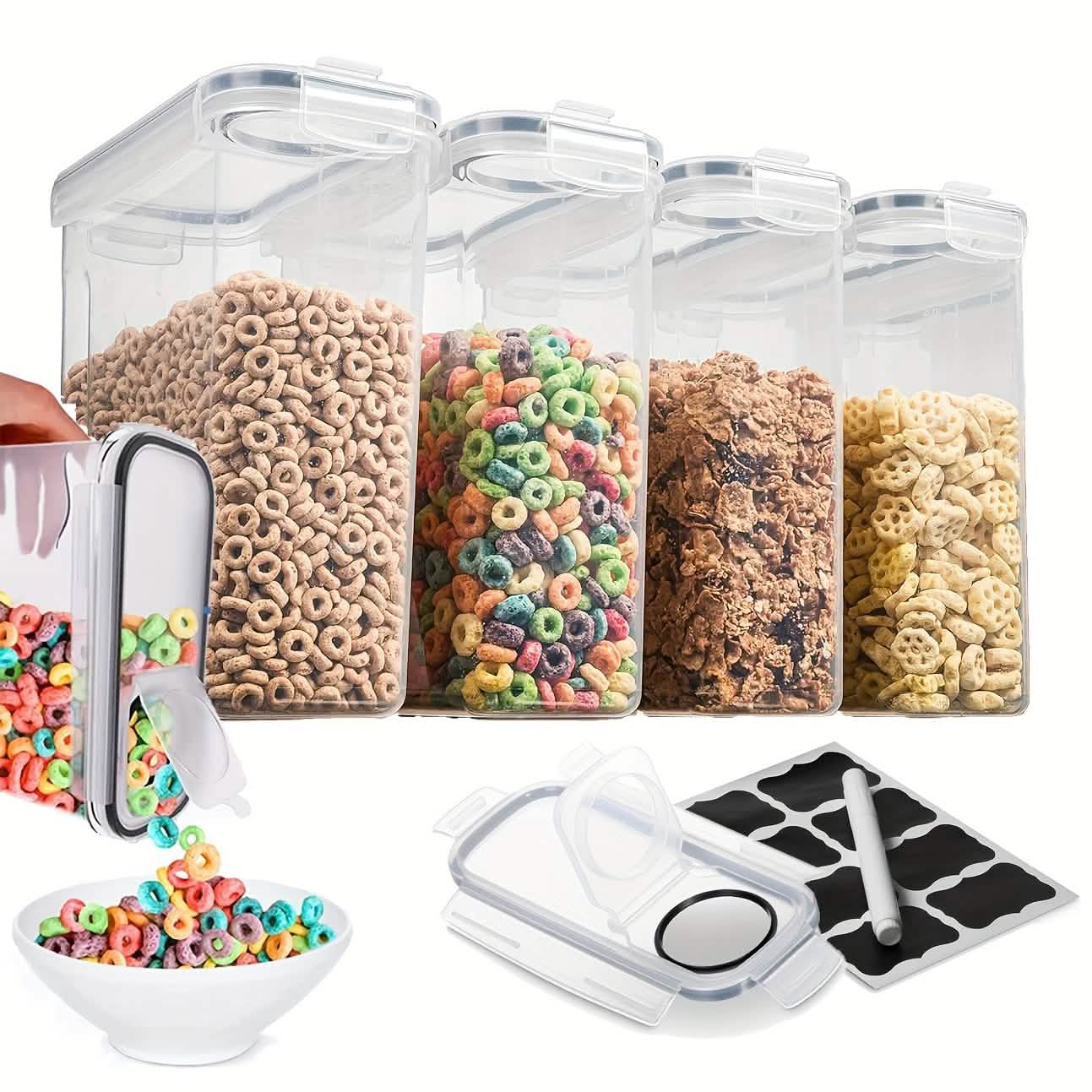 4-Piece Set: Airtight Cereal Storage Containers with Pour Spouts & Measuring Cup